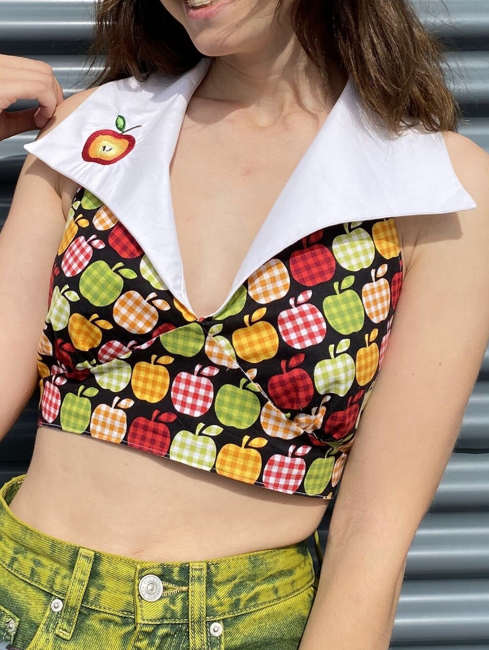 Handmade Apple Print Retro Tie-Back Crop Top with White Embroidered Collar